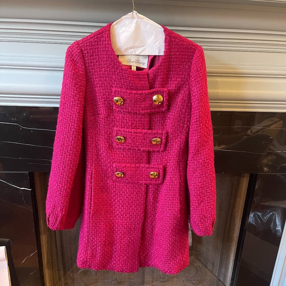 Beth Bowley Coat Fuschia Pink Wool Blend Tweed Button Coat Size 2